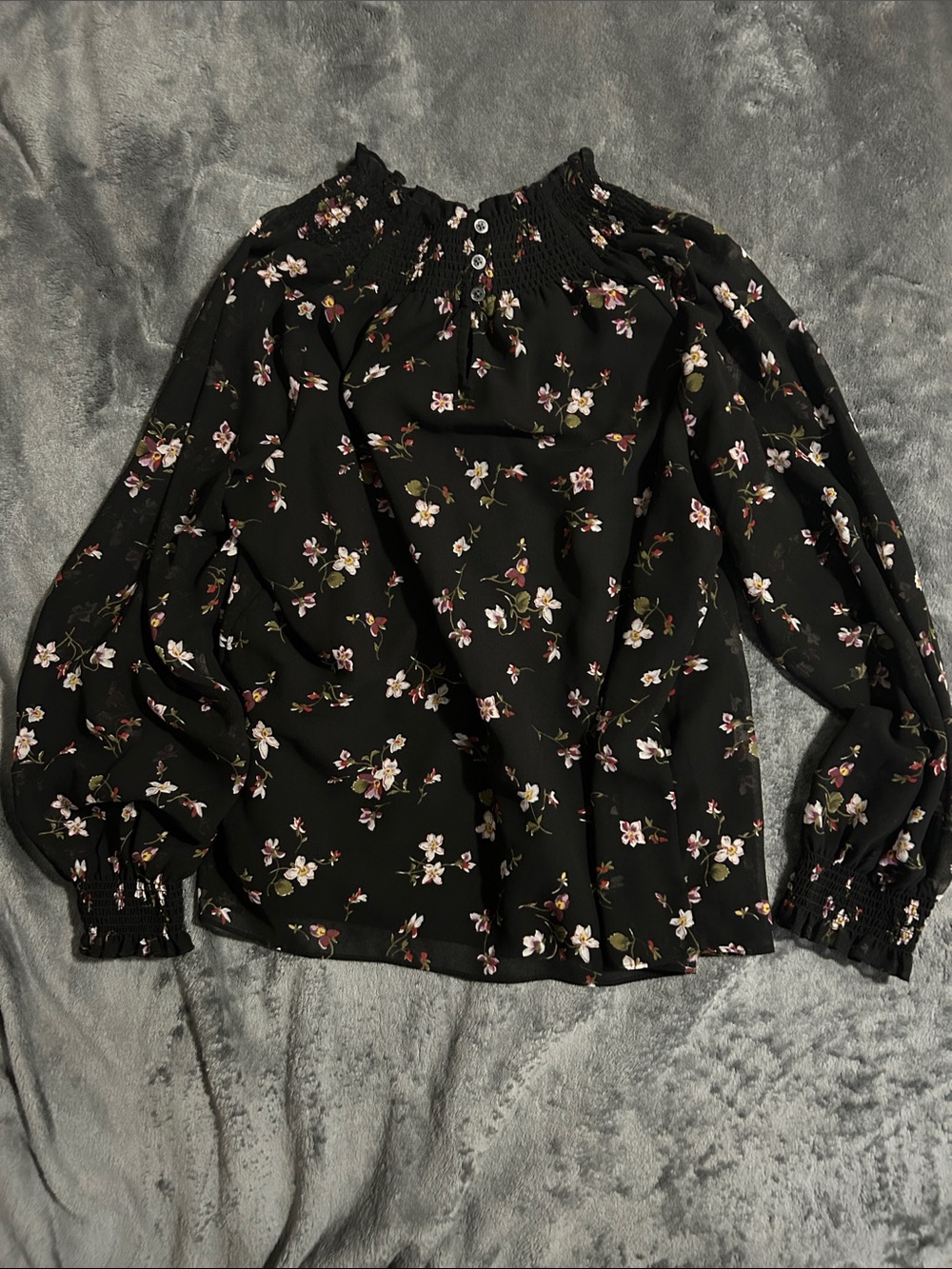 Madewell Black Floral Smocked-Neck Blouse with Puff Sleeves - Picture 4 of 5